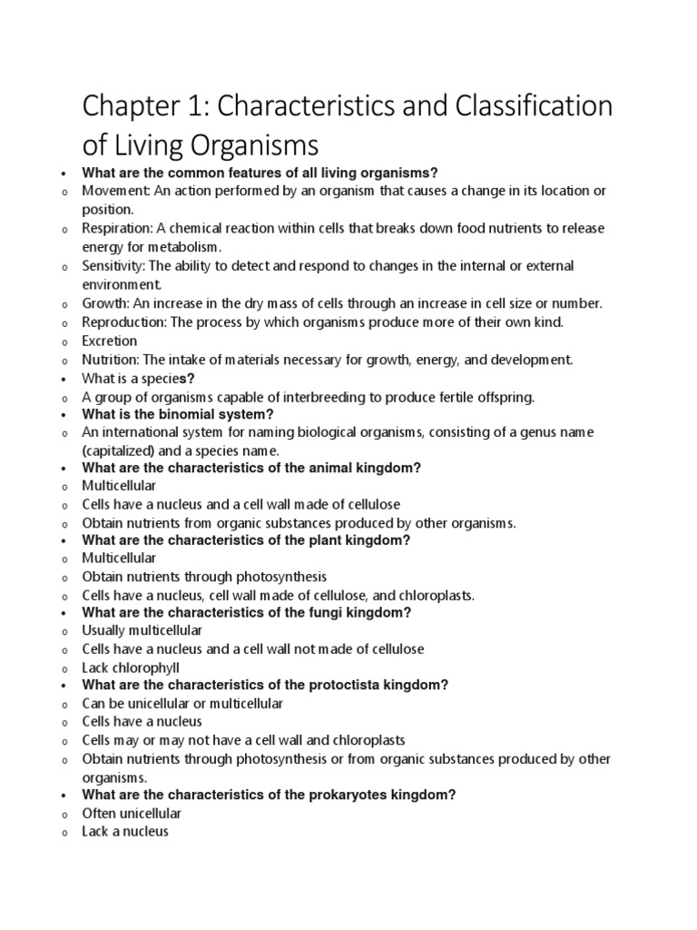 Classification of Living Organisms Characteristics of Kingdoms, Phyla, and Classes PDF Cell