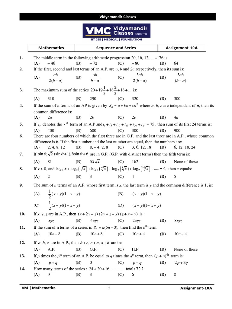Sequence and Series Assignment 10A | PDF | Numbers | Elementary Mathematics