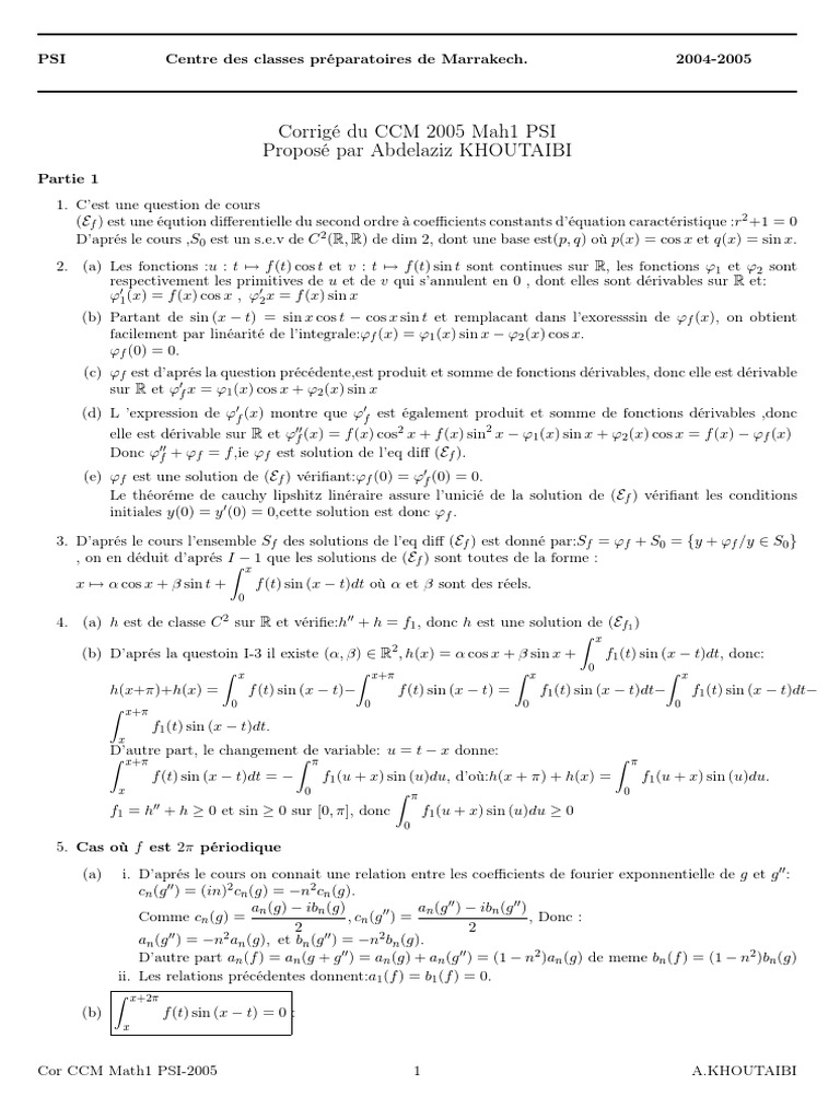Corrigé CCM Math 1 PSI 2005 | PDF | Limite (mathématiques) | Analyse ...
