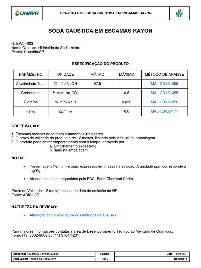 Especificação da Soda Cáustica Rayon | PDF | Hidróxido de sódio ...