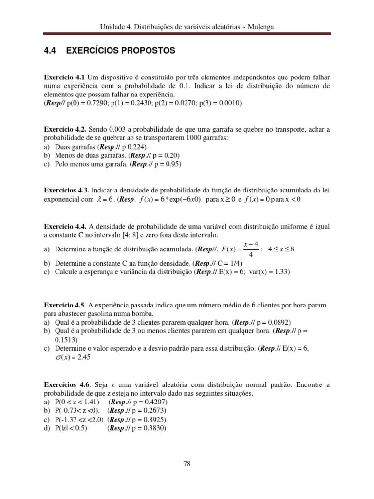 Cap4. Exercicios Propostos | PDF | Distribuição de probabilidade ...