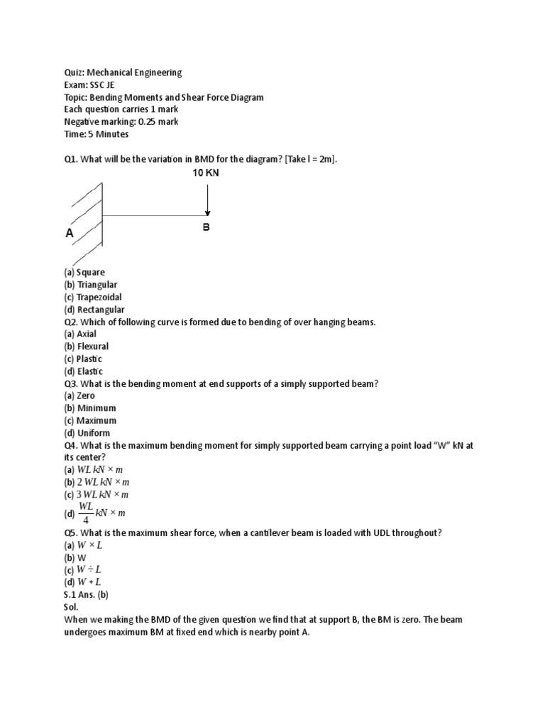 Bending Moments and Shear Forces Quiz | PDF | Bending | Beam (Structure)