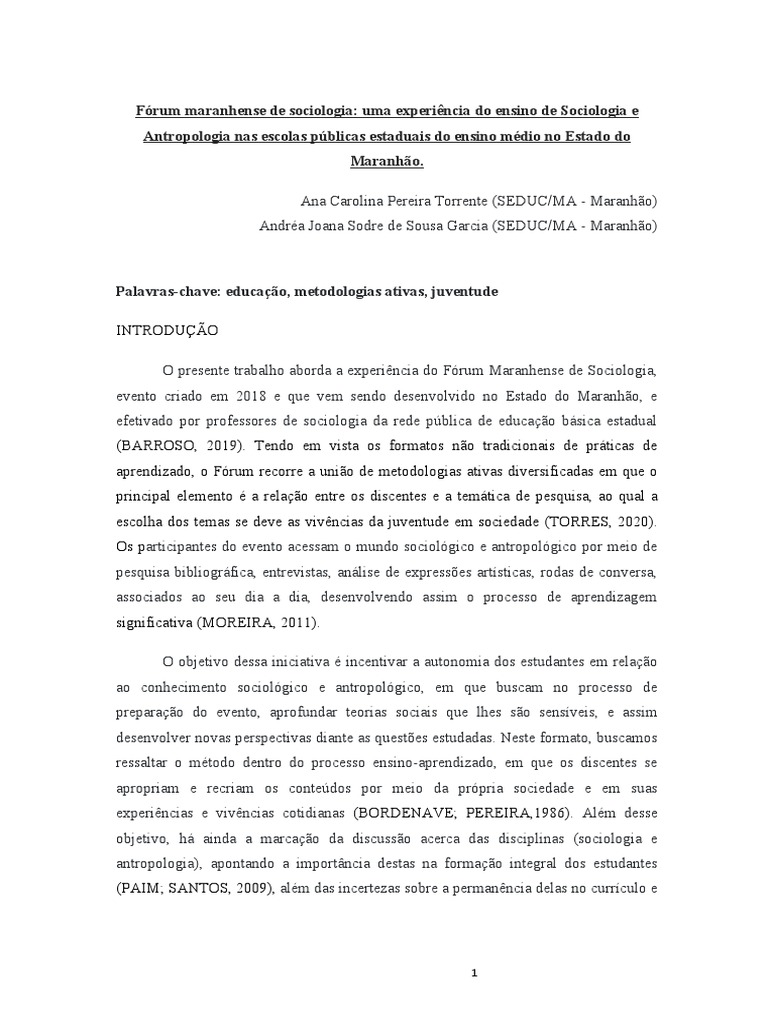 Artigo RBA FORUM DE SOCIOLOGIA PDF Sociologia Antropologia