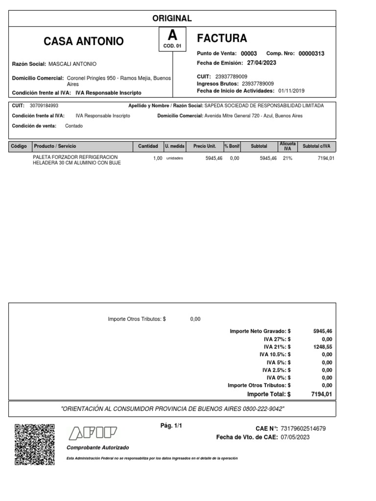 Factura Detallada de Venta en Buenos Aires | PDF | Pagos | Finanzas del ...