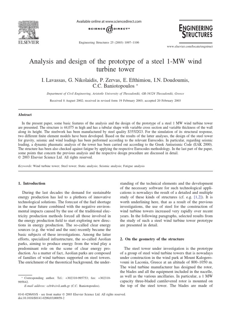 Analysis and Design of The Prototype of A Steel 1 MW Wind Turbine Tower ...