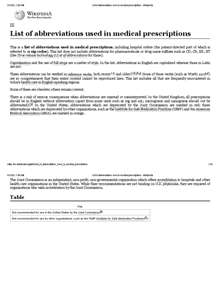 List of Abbreviations Used in Medical Prescriptions Wikipedia PDF
