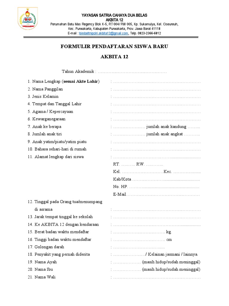 Formulir pendaftaran siswa baru pdf