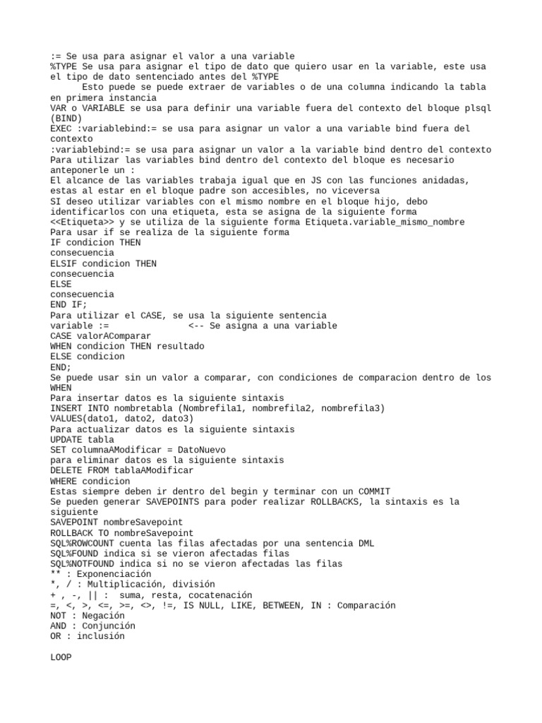 Guía básica de sintaxis de PL/SQL | PDF