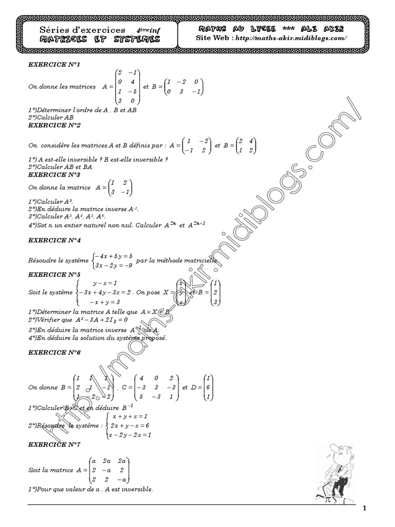 Exercices sur les Matrices et Systèmes | PDF | Matrice (Mathématiques ...
