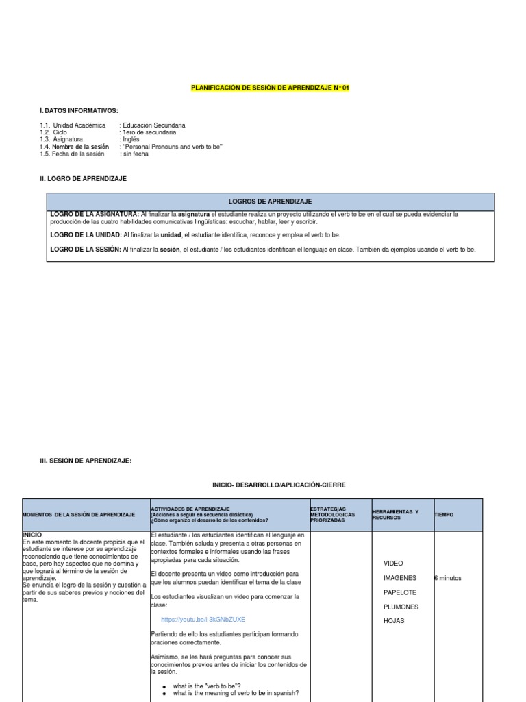 Plan de Clase: Verb to Be en Inglés | PDF | Aprendizaje | Maestros