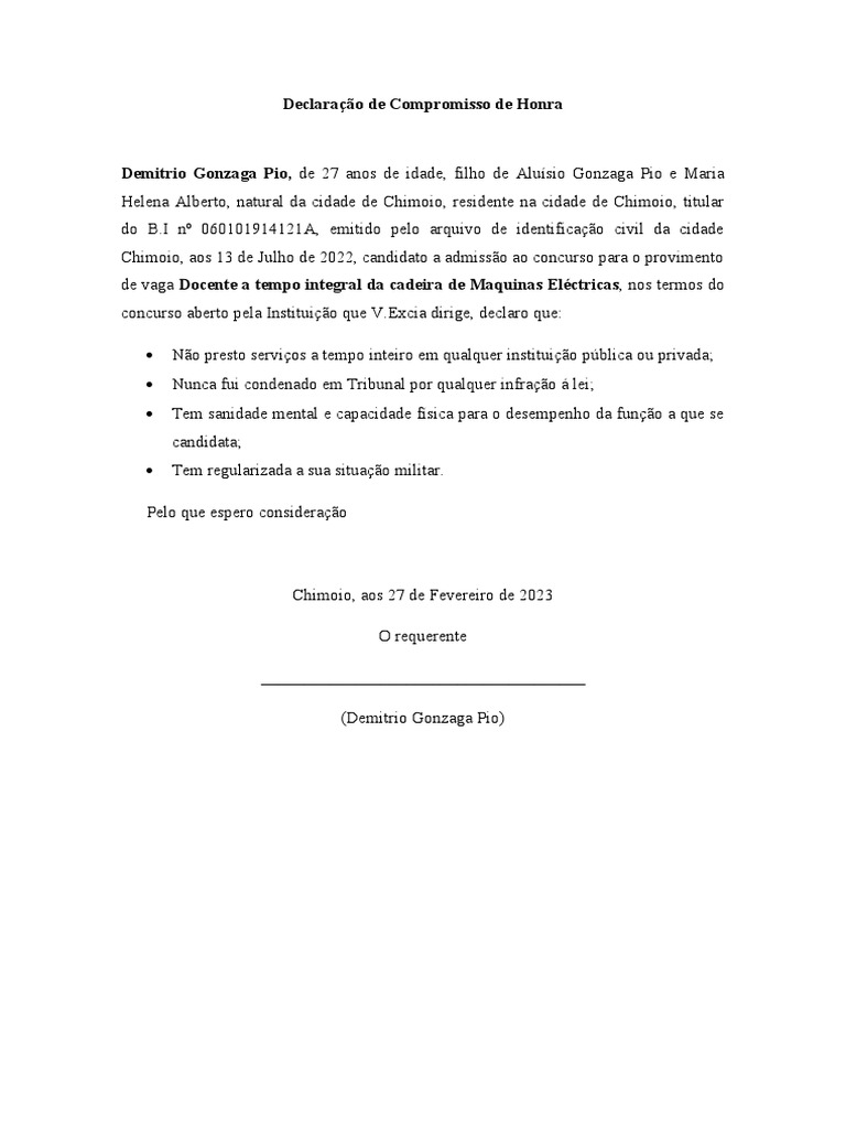Declaração de Compromisso de Honra Demitrio | PDF