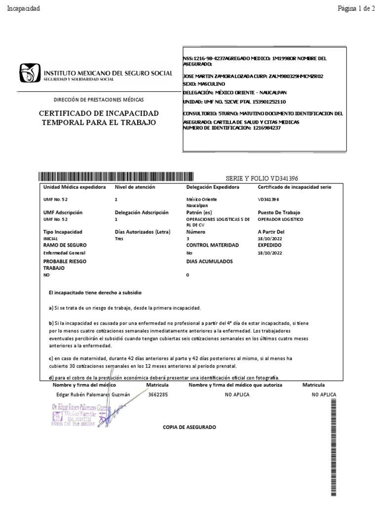 Certificado de Incapacidad Temporal IMSS | PDF | Ciencias de la Salud ...