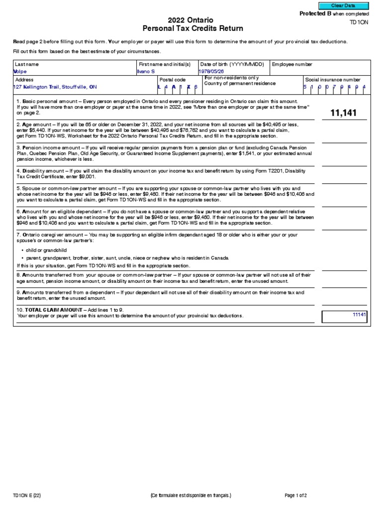 2022 Ontario Personal Tax Credits Return Ivano Volpe PDF PDF
