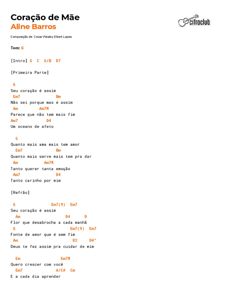 Cifra Club Aline Barros Coração de Mãe PDF Amor