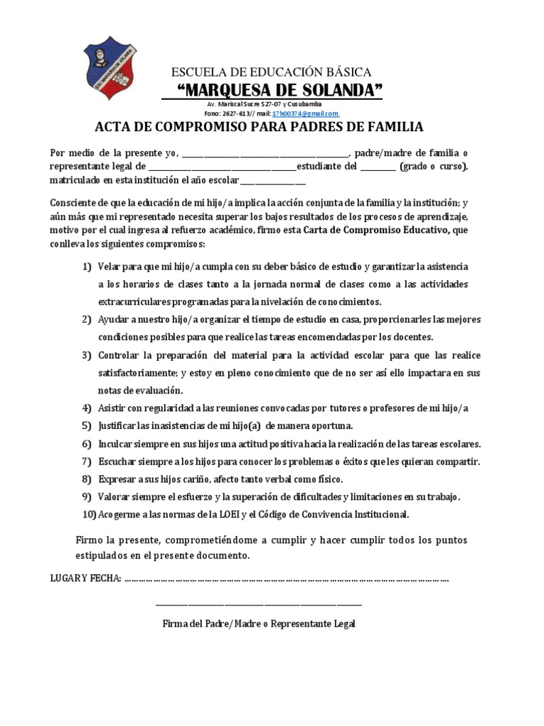 Acta de Compromiso para Padres de Familia | PDF | Evaluación ...