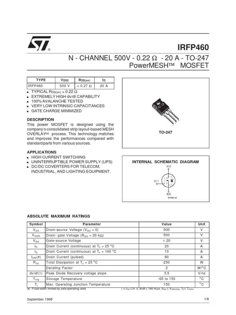 Irfp460: N - Channel 500V - 0.22 - 20 A - To-247 Powermesh Mosfet | PDF ...