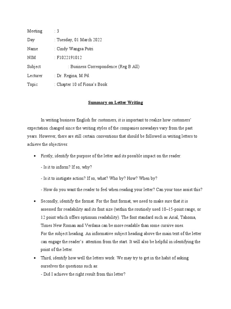 Cindy Wangsa Putri (F1022191012) Business Correspondence Summary On