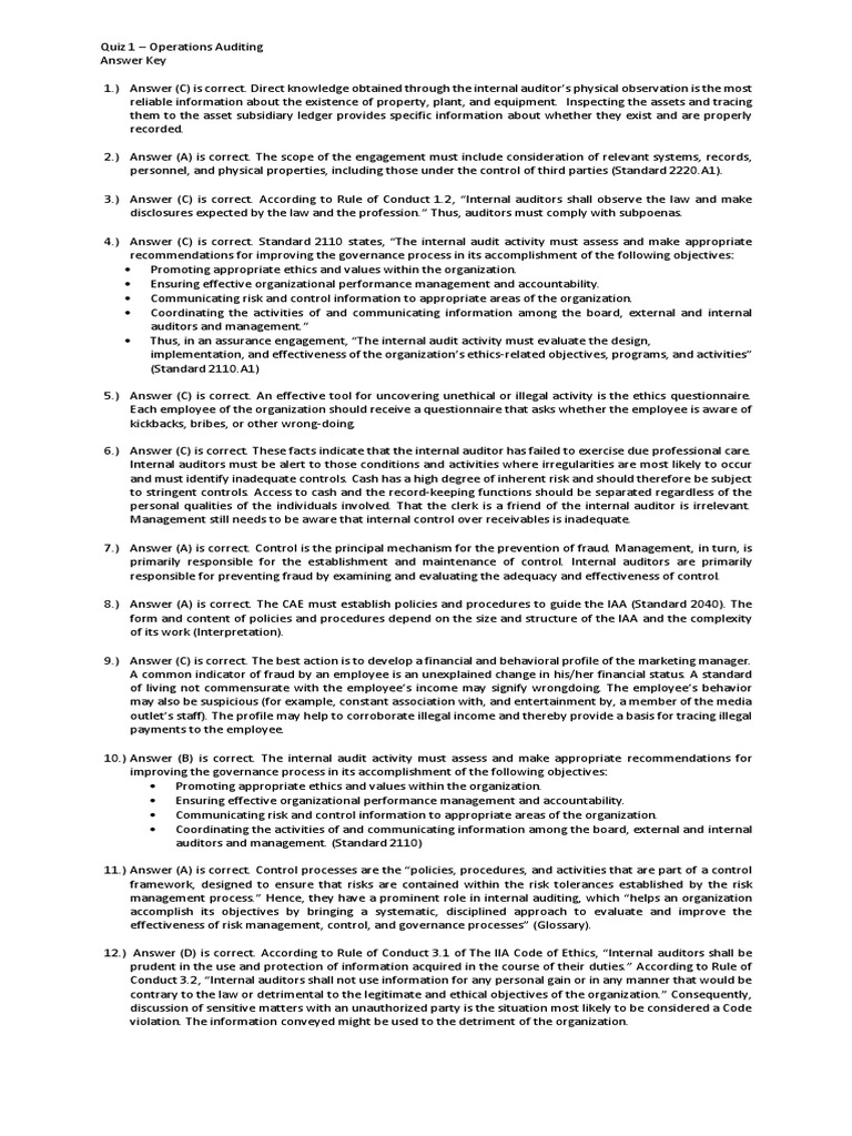 Quiz No 1.A Operations Auditing Answer Key | PDF | Internal Audit | Audit