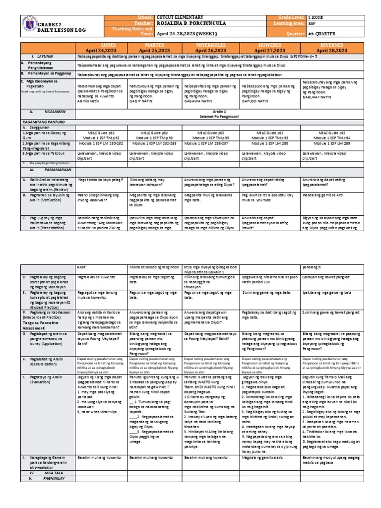 DLL All SUBJECTS G2 Q4 WEEK1 1 | PDF
