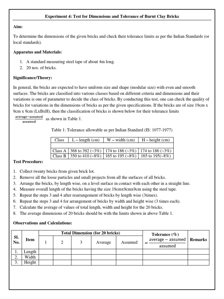 Experiment 4 Test For Dimensions and Tolerance of Burnt Clay Bricks ...