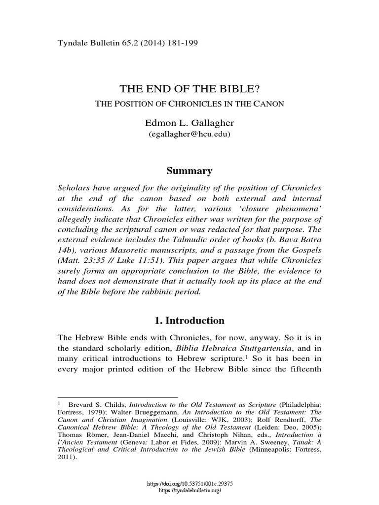 The End of The Bible The Position of Chronicles in The Canon PDF