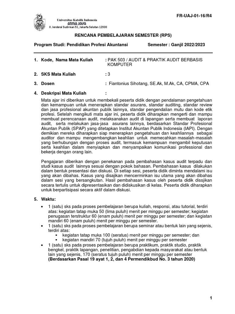 RPS Audit & Praktik Audit Berbasis Komputer 2022 | PDF