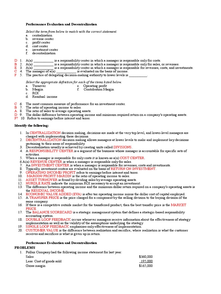 Divisional Performance Evaluation Metrics | PDF | Revenue | Return On ...