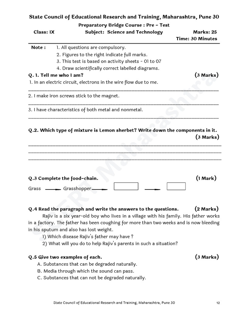 Pre Test STD 9 TH Science Eng Bridge Course PDF Materials
