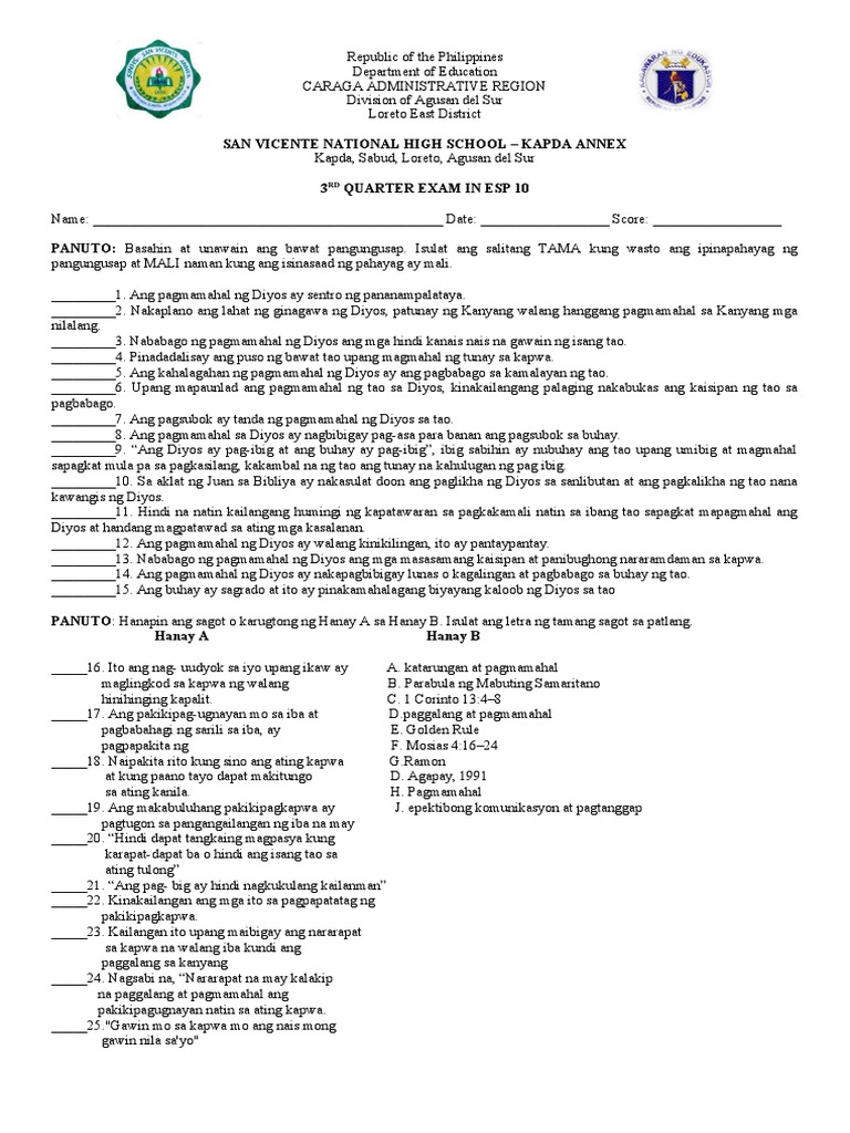 Q3 Esp 10 Exam | PDF