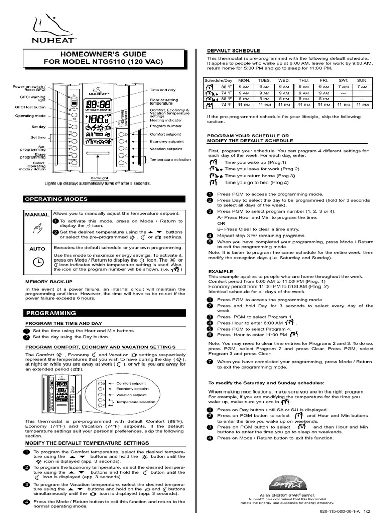 Nuheat Manual ntg5110 Old PDF