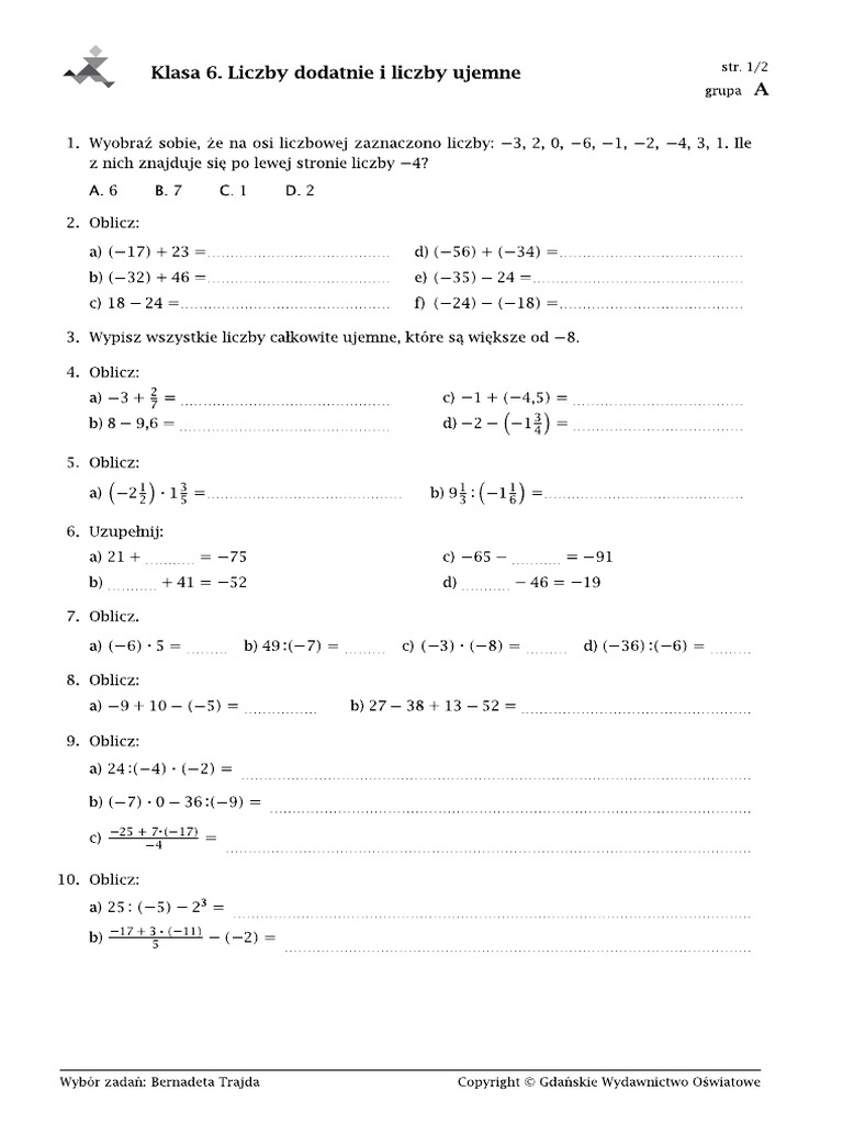 Sprawdzian Klasa 6 Liczby Na Co Dzień Liczby Dodatnie I Liczby Ujemne kl.6 PDF | PDF