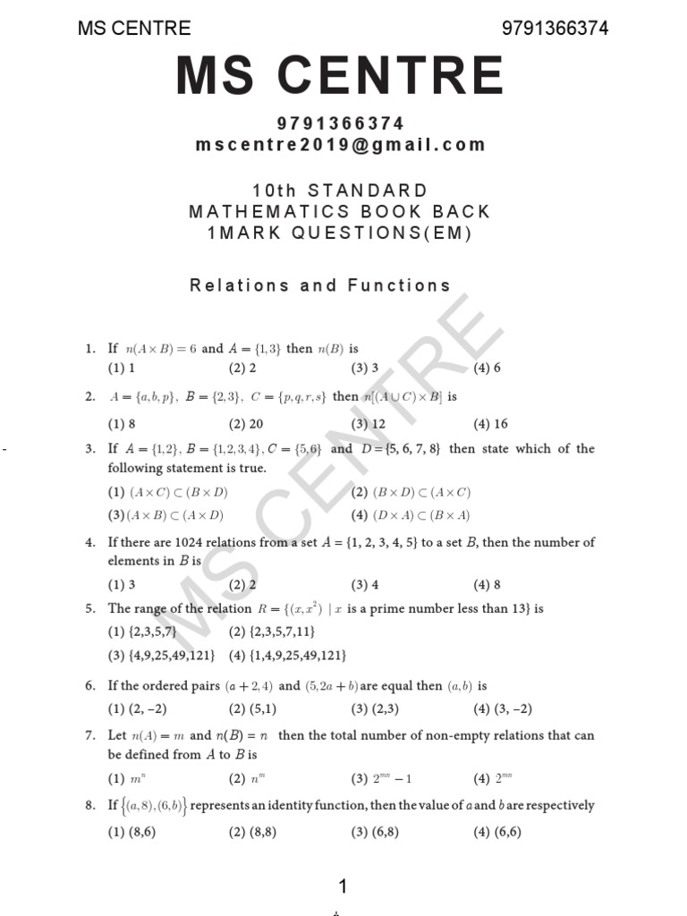 Namma Kalvi 10th Maths Book Back 1 Mark Questions em 216250 PDF PDF