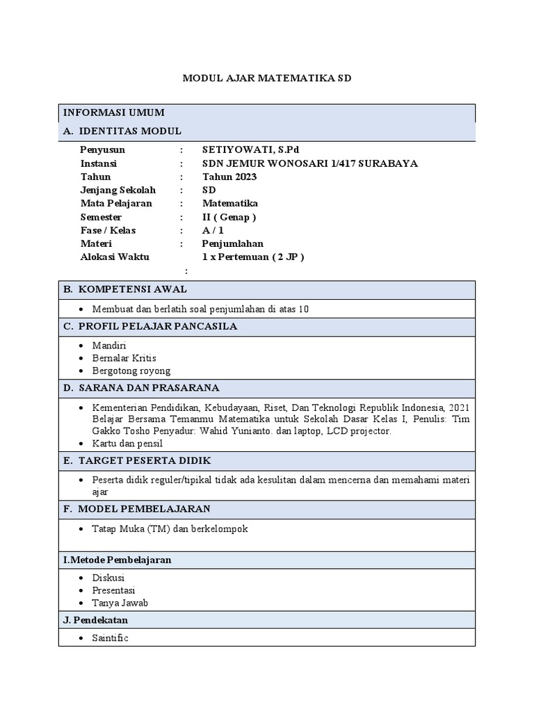 Modul Ajar Matematika Kelas 1 | PDF
