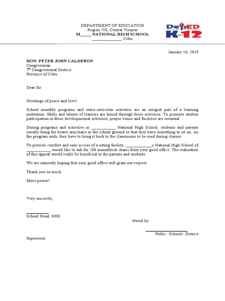 Letter Request Monoblock Chairs Calderon PDF