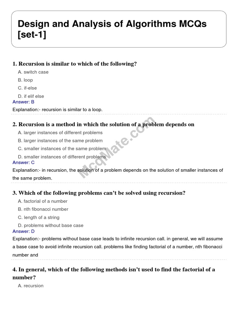 Design and Analysis of Algorithms Solved MCQs [set-1] McqMate.com (1 ...