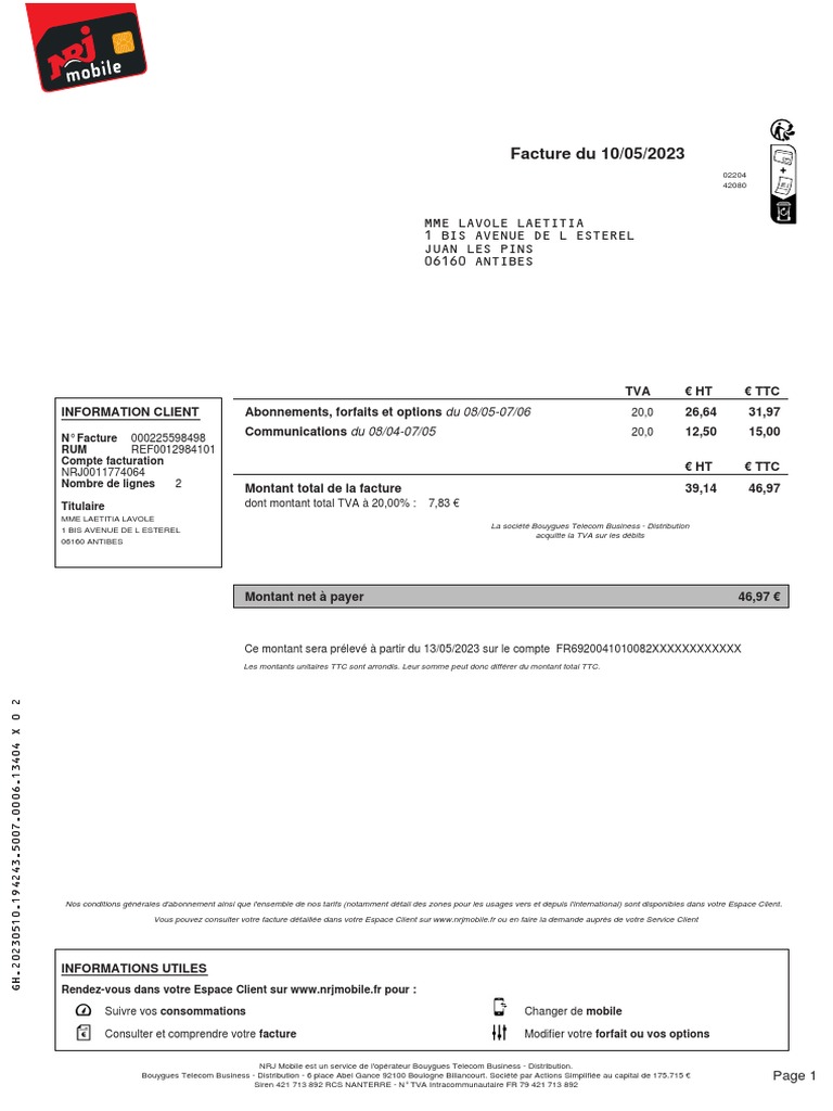 Facture NRJ Mobile Mai 2023 | PDF | Taxe sur la valeur ajoutée | Téléphonie