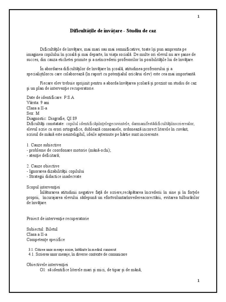 Dificultati de Invatare Studiu de Caz | PDF