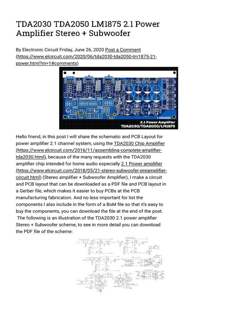 TDA2030 TDA2050 LM1875 2.1 Power Amplifier Stereo + Subwoofer | PDF