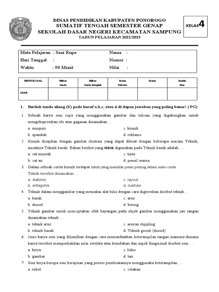 Soal Sumatif Seni Rupa Kelas 4 PDF