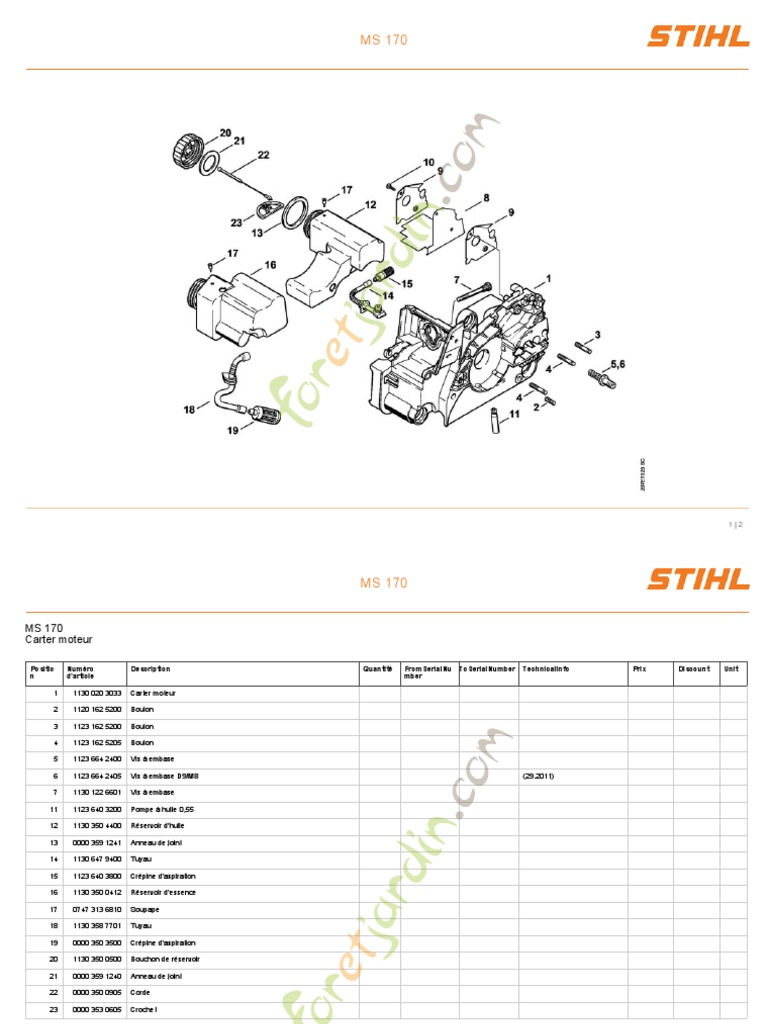 Pièces détachées STIHL MS170 (vues éclatées, documentation technique)