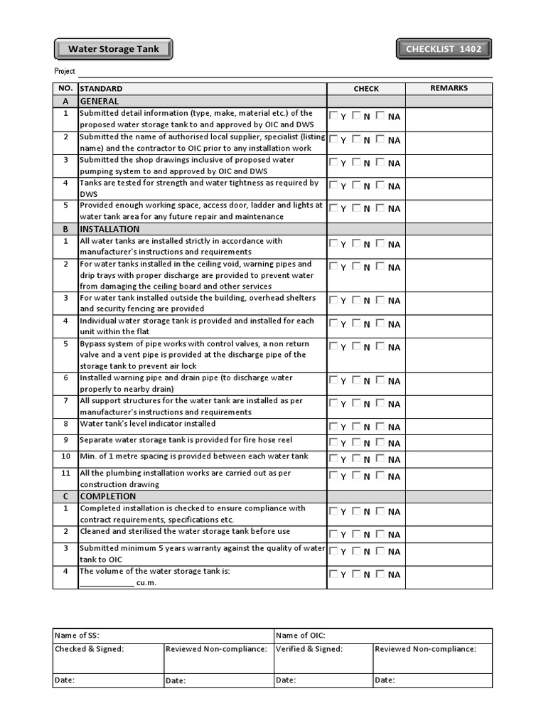 Water Tank Installation Checklist | PDF | Pipe (Fluid Conveyance ...
