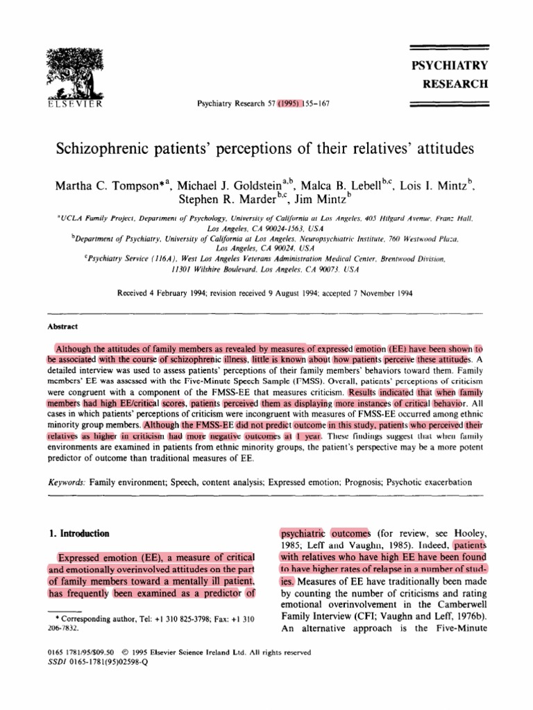 Schizophrenic Patients' Perceptions of Their Relatives' Attitudes PDF
