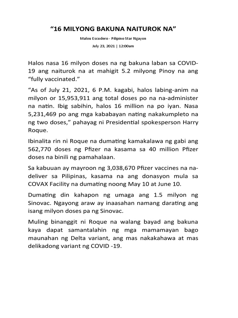 16 Milyong Bakuna Naiturok Na | PDF