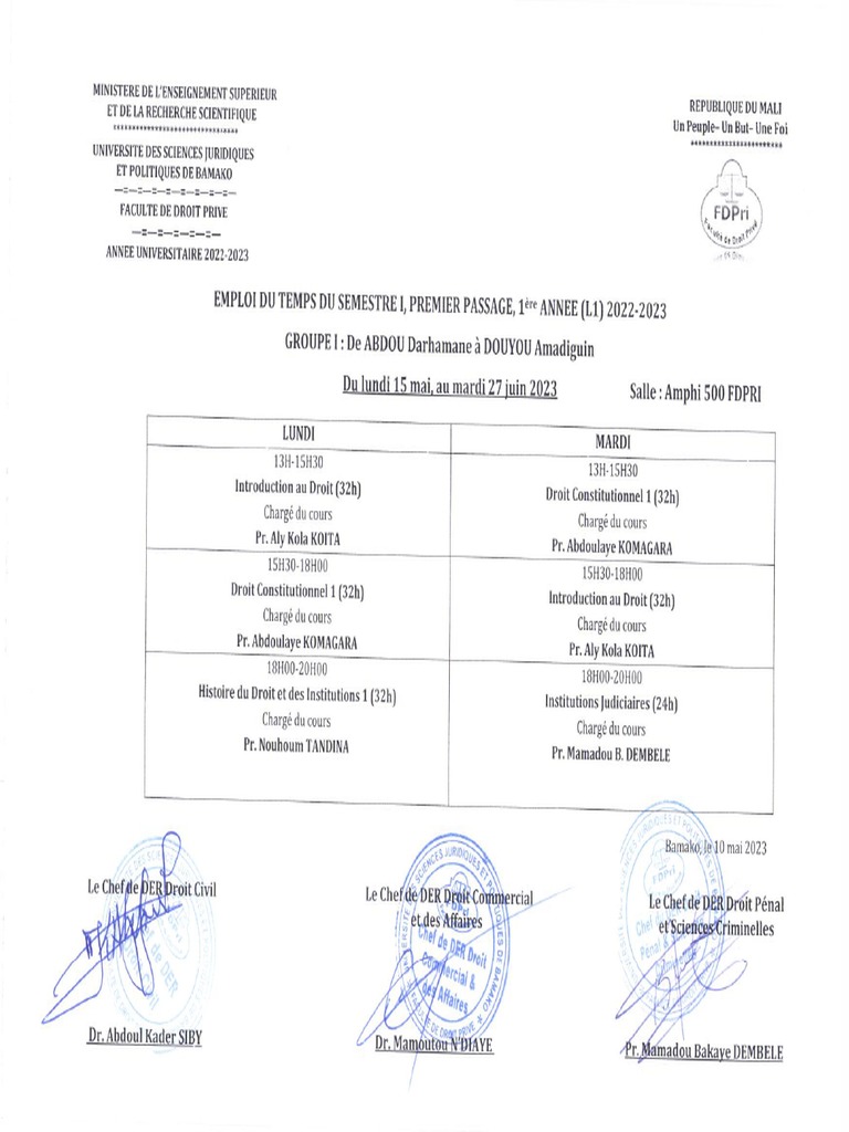Emploi Du Temps Du Semestre I (L1) 20222023 PDF PDF