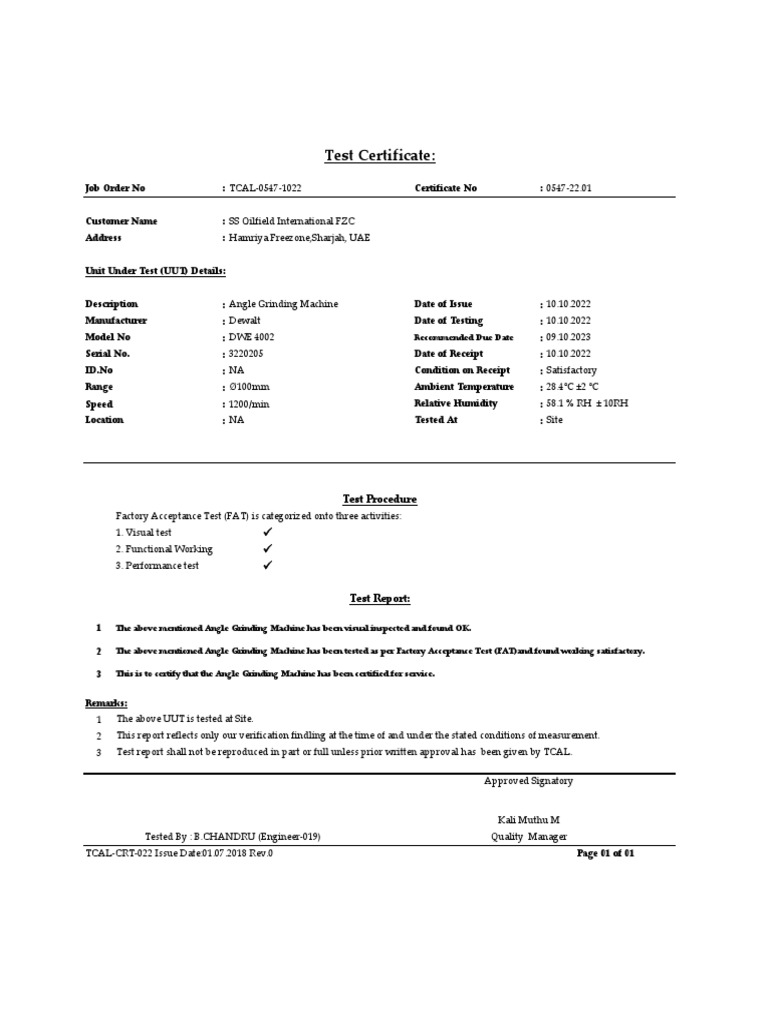 Angle Grinding Machine Test Certificate | PDF