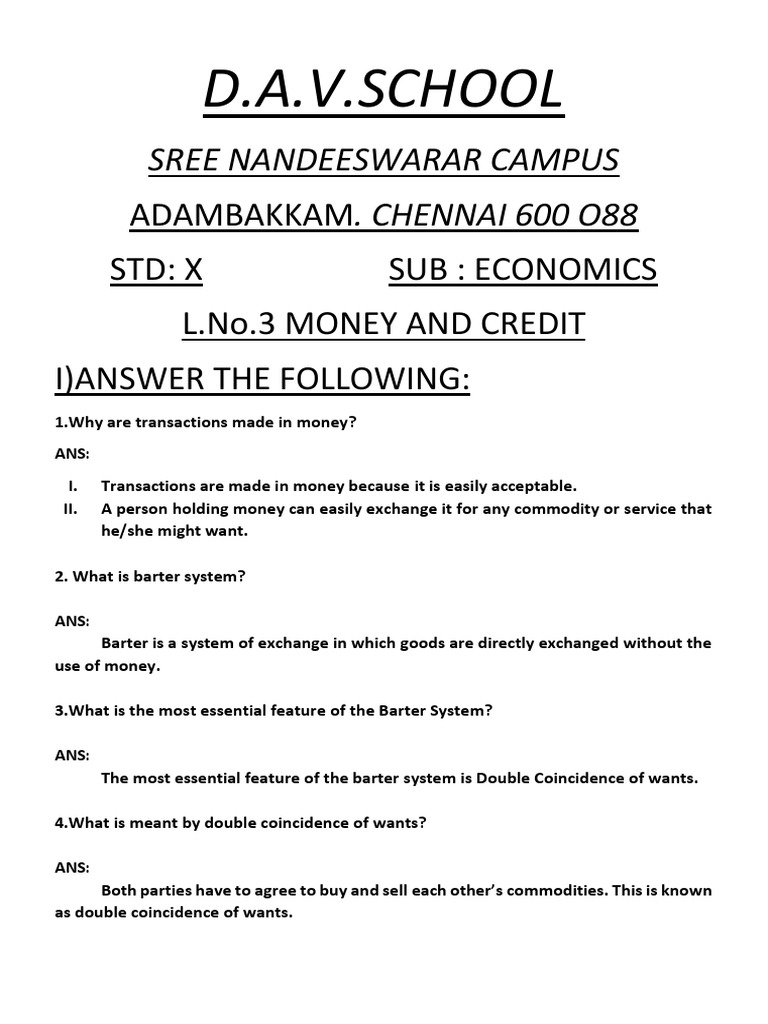 Important Questions From Money And Credit
