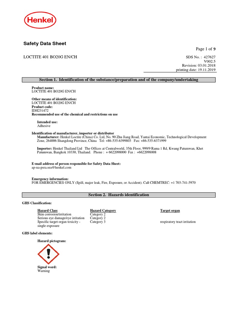 Msds Loctite 401 Idh 231472 PDF Dangerous Goods Toxicity