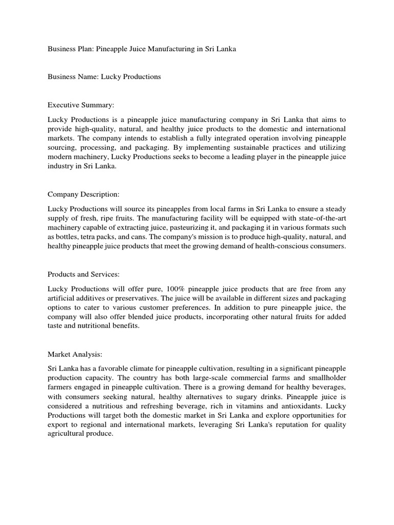 Business Plan PDF Juice Diet & Nutrition
