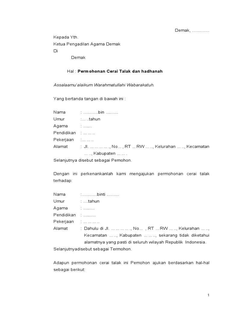 Contoh Permohonan Cerai Talak Dan Hadhanah | PDF