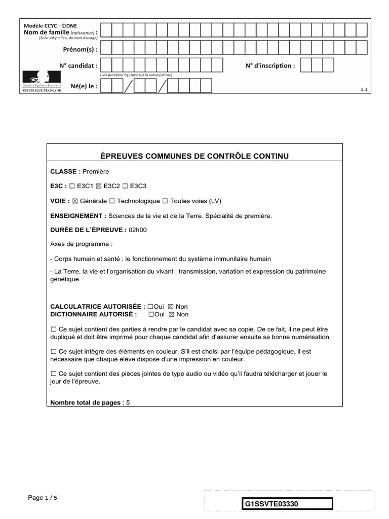 Sujet E3C n°03330 SVT Première | PDF | Ultra-violet | Cellule (Biologie)